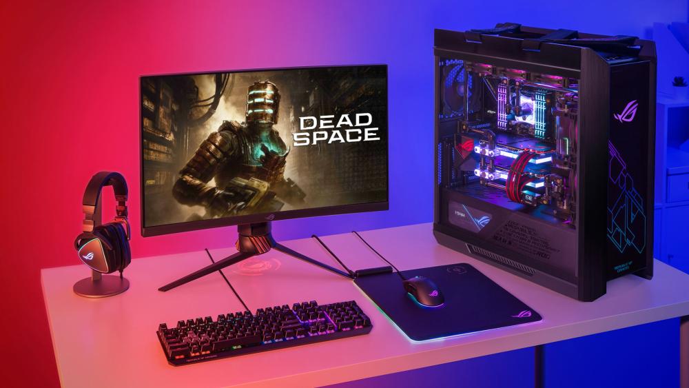 RGB gaming PC setup with Dead Space video game on 4K monitor