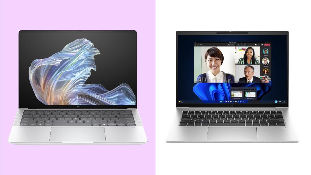 Two HP laptops side by side showing design and video call