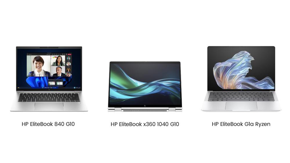 Three HP EliteBook models displayed on white background