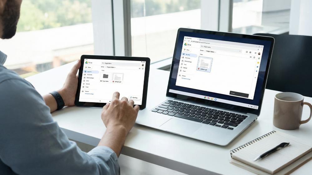 10-inch screen tablet syncing files with laptop using cloud storage