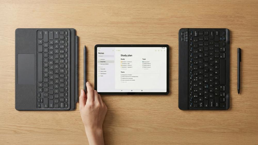 10" inch tablet shown with keyboard and stylus accessories