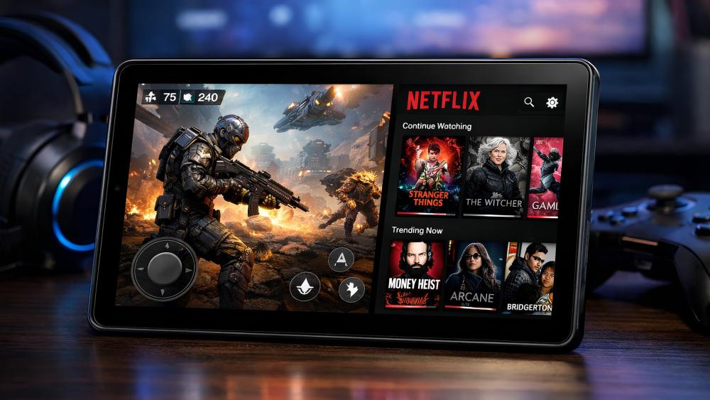 10-inch tablet used for gaming and streaming entertainment at home