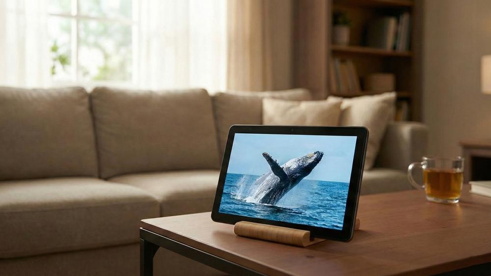10-inch tablet used for streaming films at home on a living room table