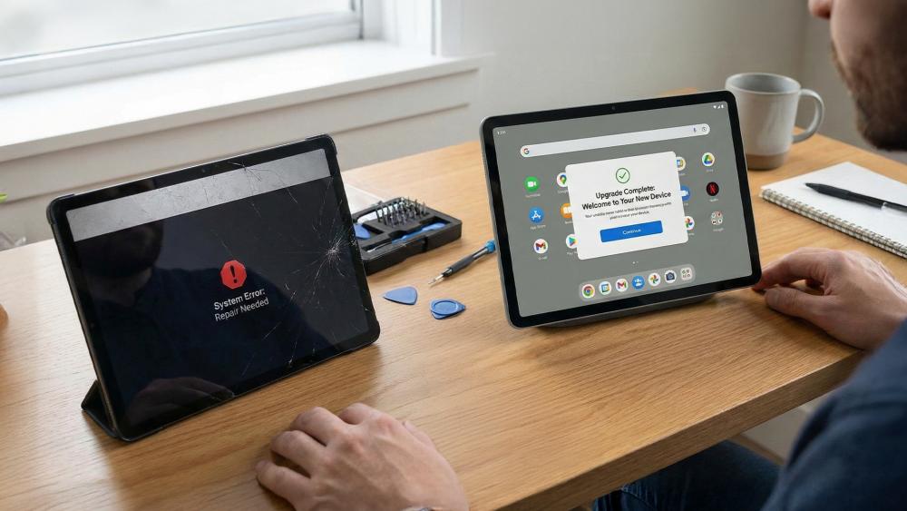10-inch tablet comparison showing damaged device versus upgraded replacement