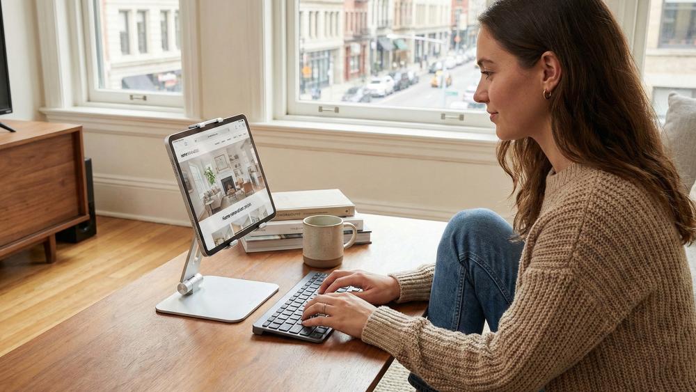 10-inch tablet on stand with keyboard for desk productivity