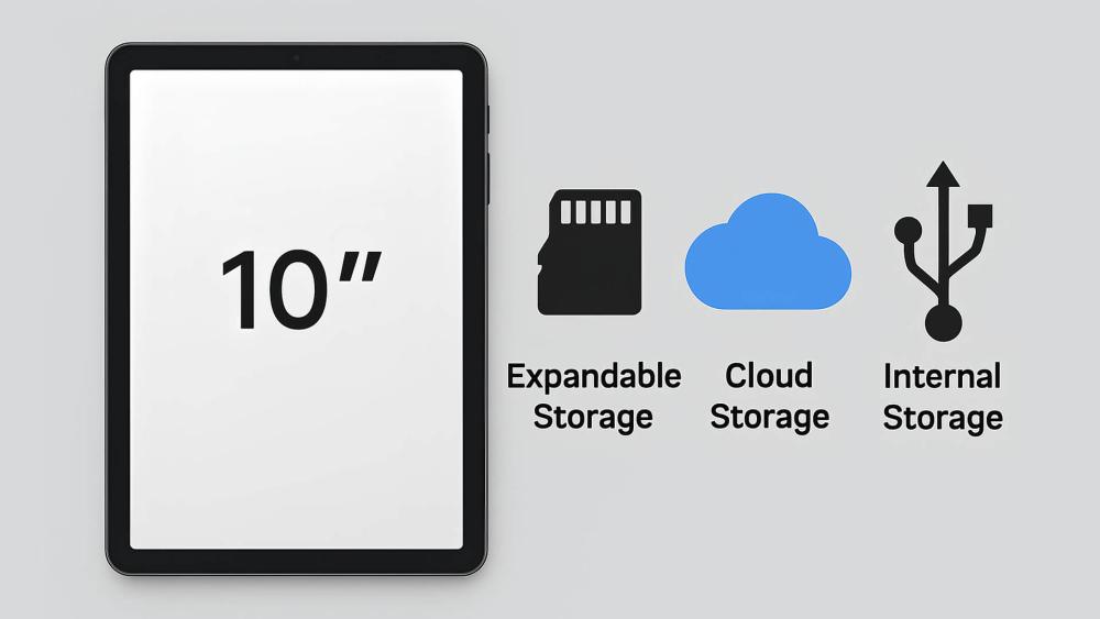Graphic showing internal, cloud, and expandable storage on a 10 inch tablet