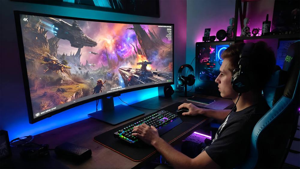 Gamer using 4K curved monitor with RGB PC setup