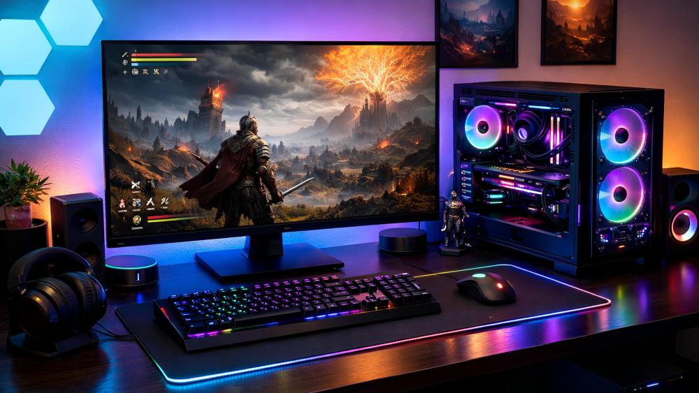 High-end Ryzen 7 9850X3D gaming PC setup with RGB lighting