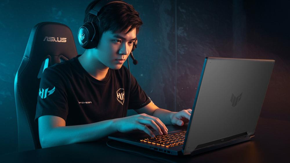 Gamer in a neon-lit room playing on an ASUS TUF Gaming laptop