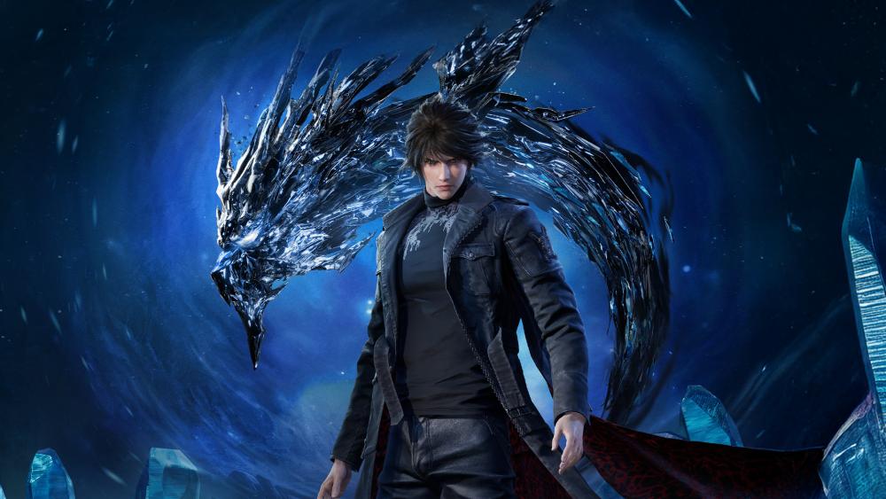 Male warrior with ice dragon spirit in a blue stormy aura