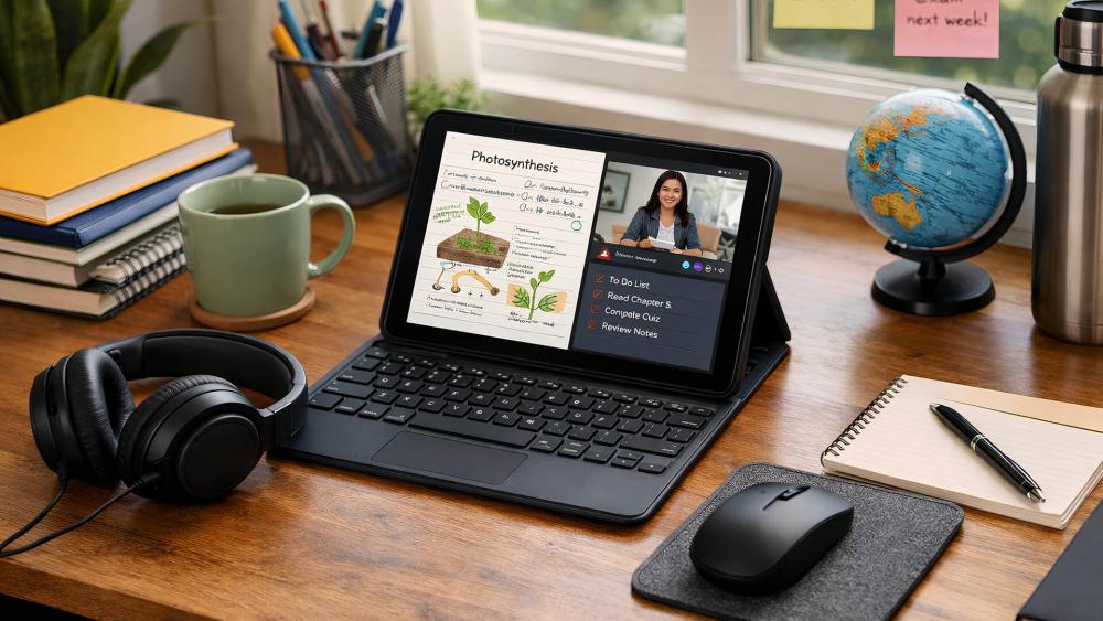 Student using a 10-inch tablet with keyboard for accessible study work