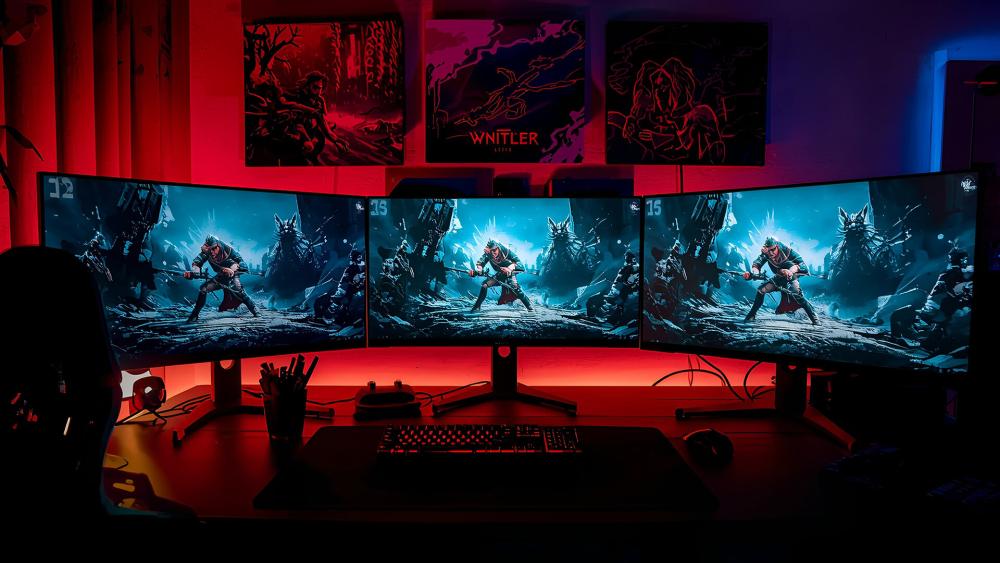 Triple-monitor gaming setup displaying immersive action scenes from a game