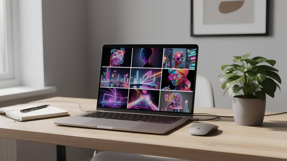 Laptop on a home office desk displaying colourful AI-generated digital artwork and designs