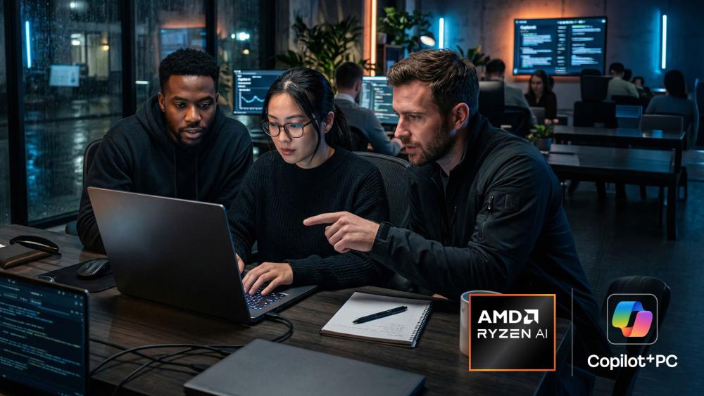 Team collaborating on a laptop powered by AMD Ryzen AI and Copilot+ PC technology in a modern workspace.