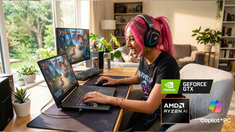 Gamer using a laptop with AMD Ryzen AI and NVIDIA GeForce GTX graphics on a Copilot+ PC setup with an external monitor.