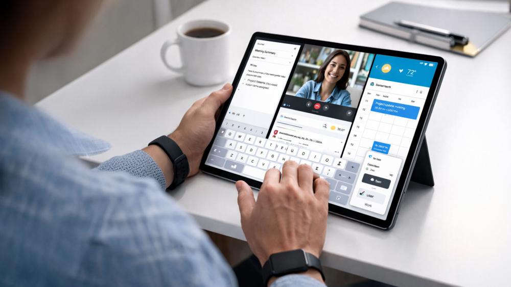 Person using an Android tablet for multitasking with video call, calendar and notes apps on the screen at a desk.