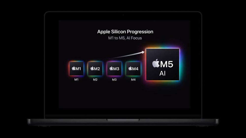 Illustration showing Apple Silicon chip progression from M1 to M5 with a focus on AI performance displayed on a laptop screen.