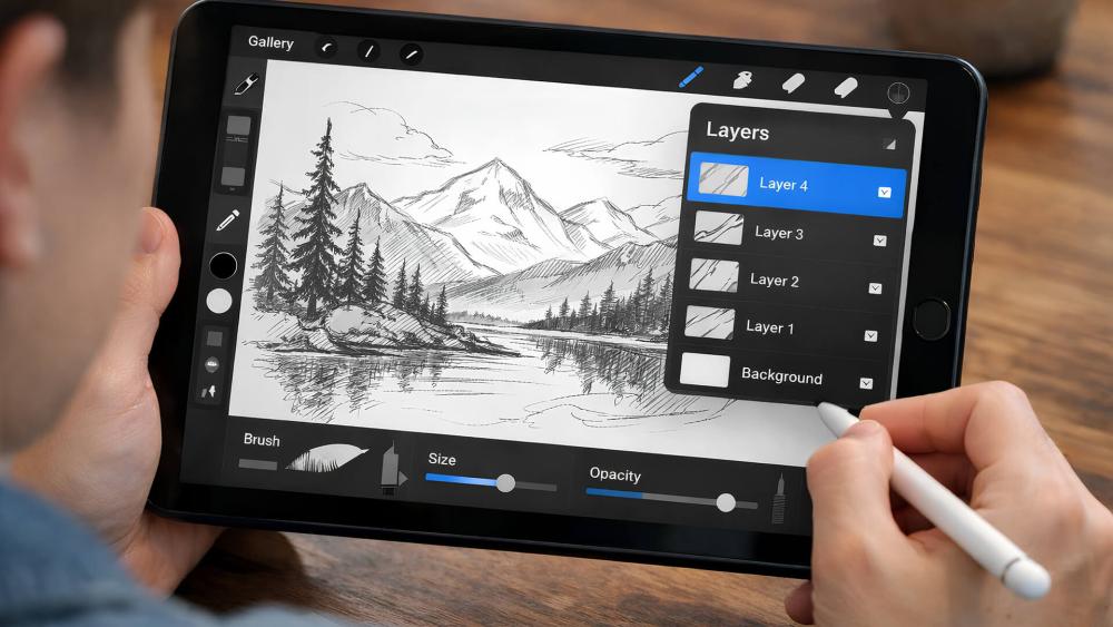 Artist drawing a layered landscape illustration on a tablet