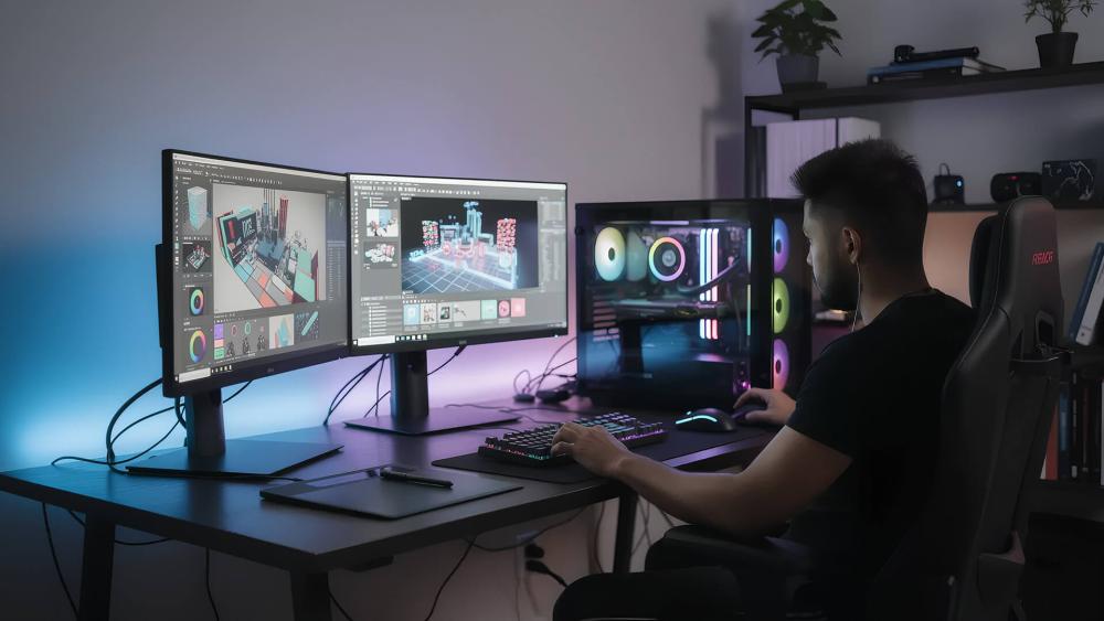 Dual monitor creator setup comparing ASUS GPU performance and cooling
