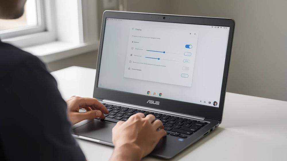 Person updating Chromebook display controls to solve screen problems