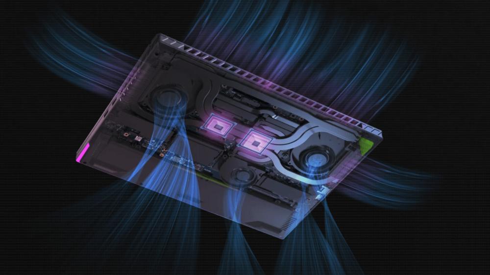 Internal cooling system of an ASUS ROG gaming laptop showing fans, heat pipes, and airflow for thermal management