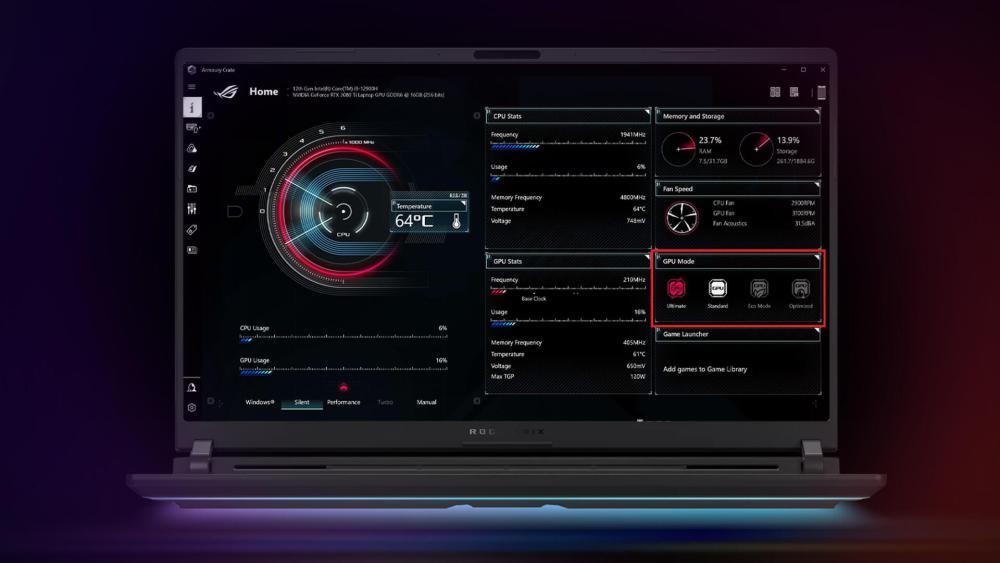 ASUS ROG Strix Armoury Crate dashboard showing GPU mode options including Ultimate, Standard, Eco and Optimized with real-time CPU and GPU performance stats.