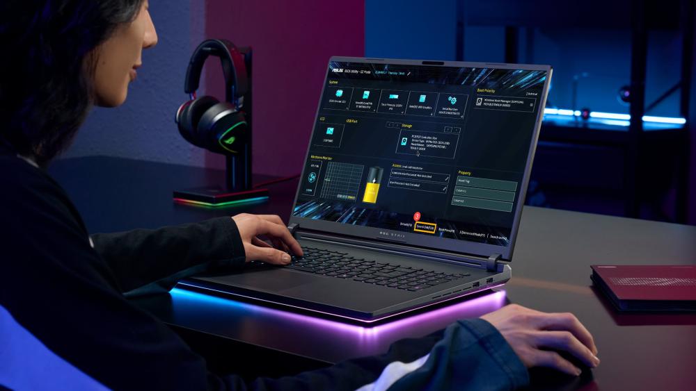 ROG Strix laptop showing BIOS settings for performance tuning