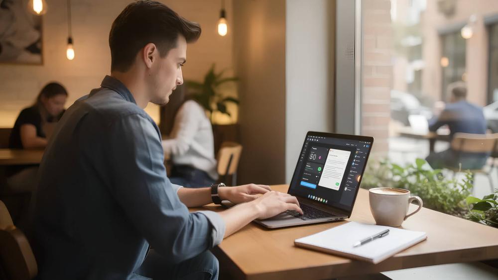 Person using MacBook Pro 14 M5 for work at a coffee shop