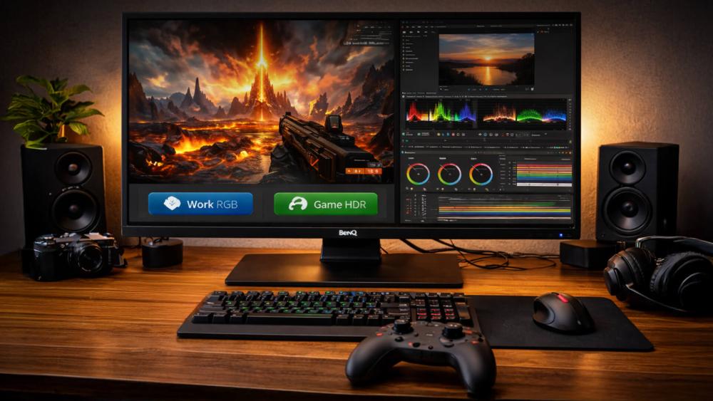 BenQ monitor with Work RGB and Game HDR modes for gaming and editing