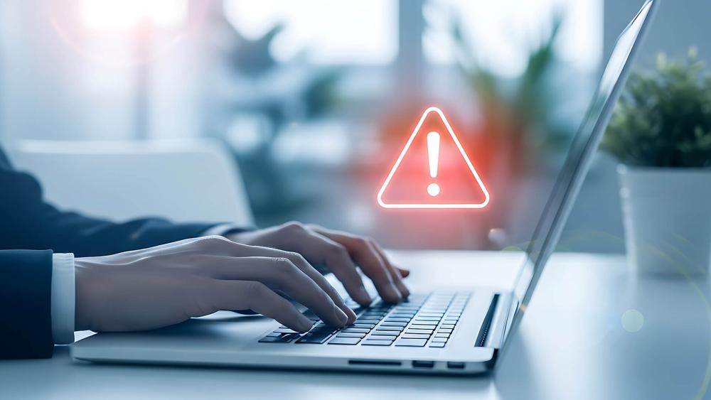 Laptop security warning alert showing cyber threat risk on business device
