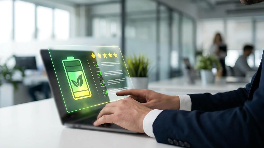 Laptop displaying battery health optimisation and energy efficiency rating