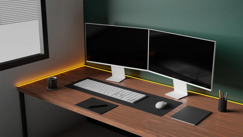 Minimal desk setup with budget refurbished dual monitors