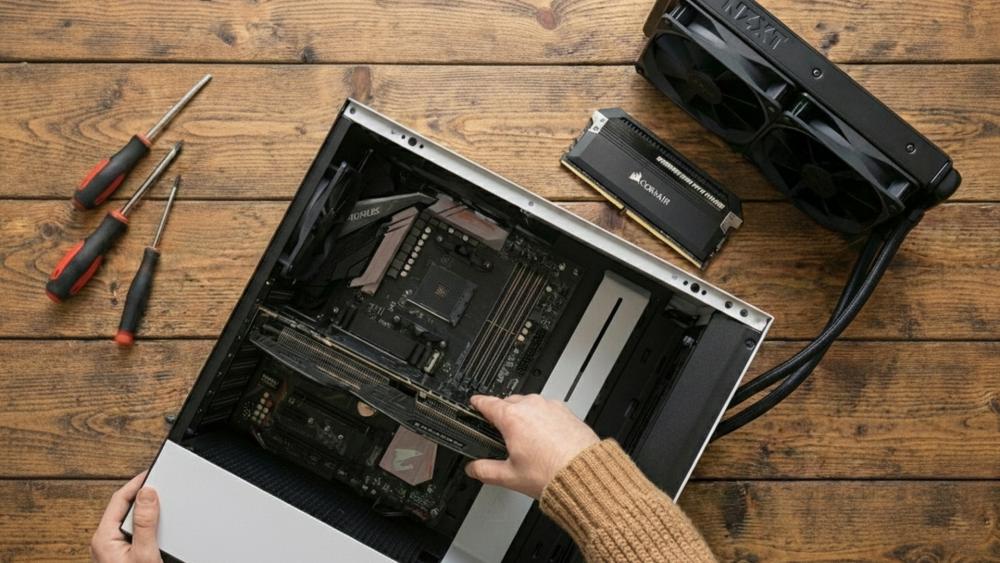 Person building a PC with tools and parts on wooden table