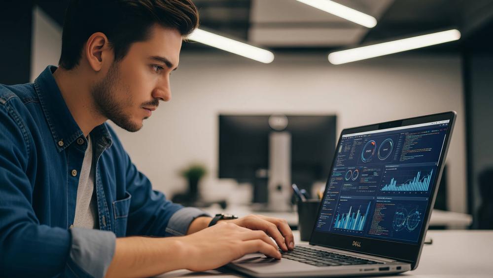 Professional working on a Dell business laptop displaying analytics dashboards and performance charts in a modern office