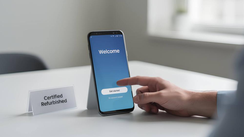 Person tapping ‘Get started’ on a certified refurbished smartphone showing the welcome setup screen