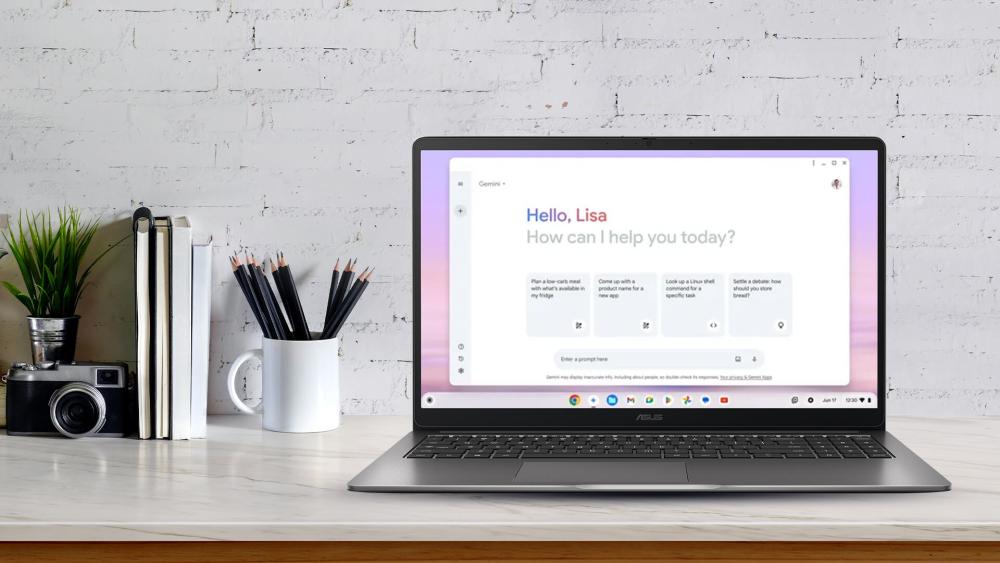 Gemini AI dashboard open on an Asus Chromebook placed on a desk