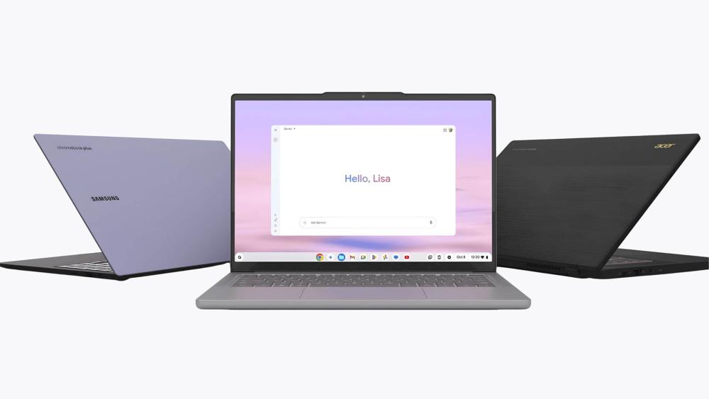 Chromebook Plus laptops from Samsung and Acer showcasing modern design, Chrome OS interface and multitasking performance