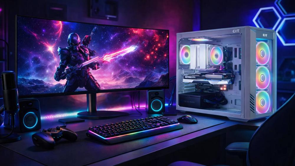 White CiT gaming PC case in an RGB desk setup with monitor and peripherals