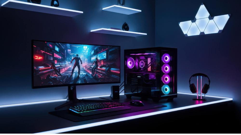 CiT gaming PC setup with RGB lighting, curved monitor and desktop tower