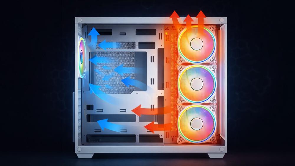 Airflow layout inside a CiT PC case showing intake and exhaust fan direction