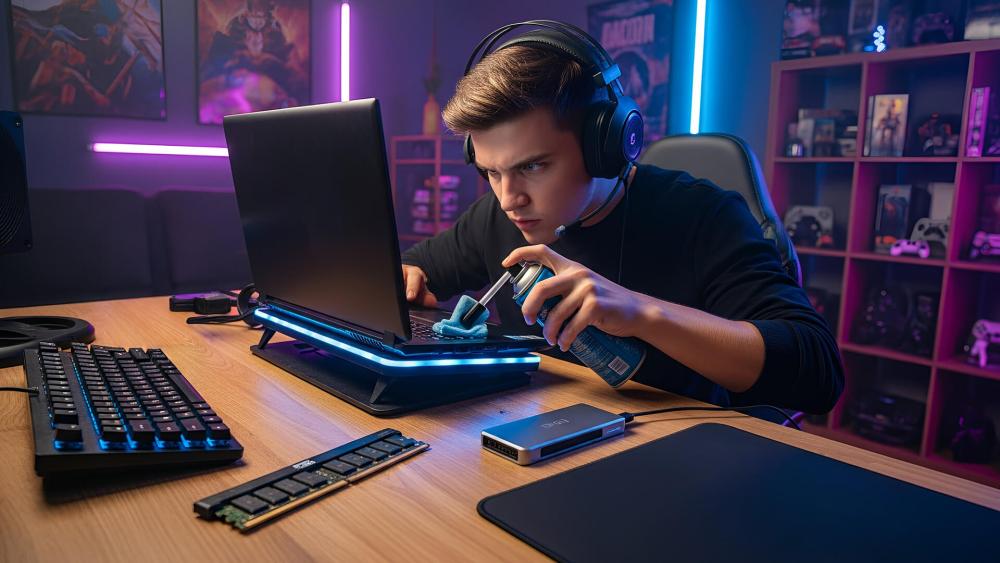 Gamer cleaning a gaming laptop with compressed air to improve cooling performance and gaming laptop longevity.