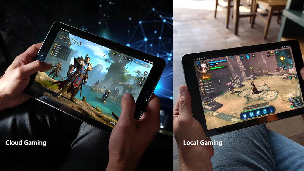 Hands holding a 10-inch tablet comparing cloud gaming and local gaming