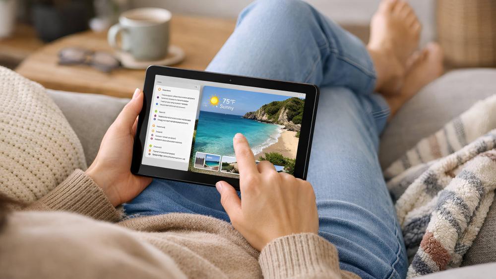 compact tablet used casually at home for browsing and media