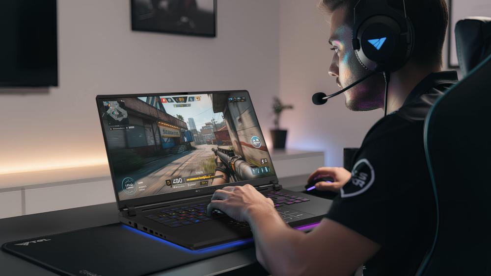 Esports gamer playing a competitive FPS game on a high-refresh-rate gaming laptop while wearing a headset at a modern desk setup