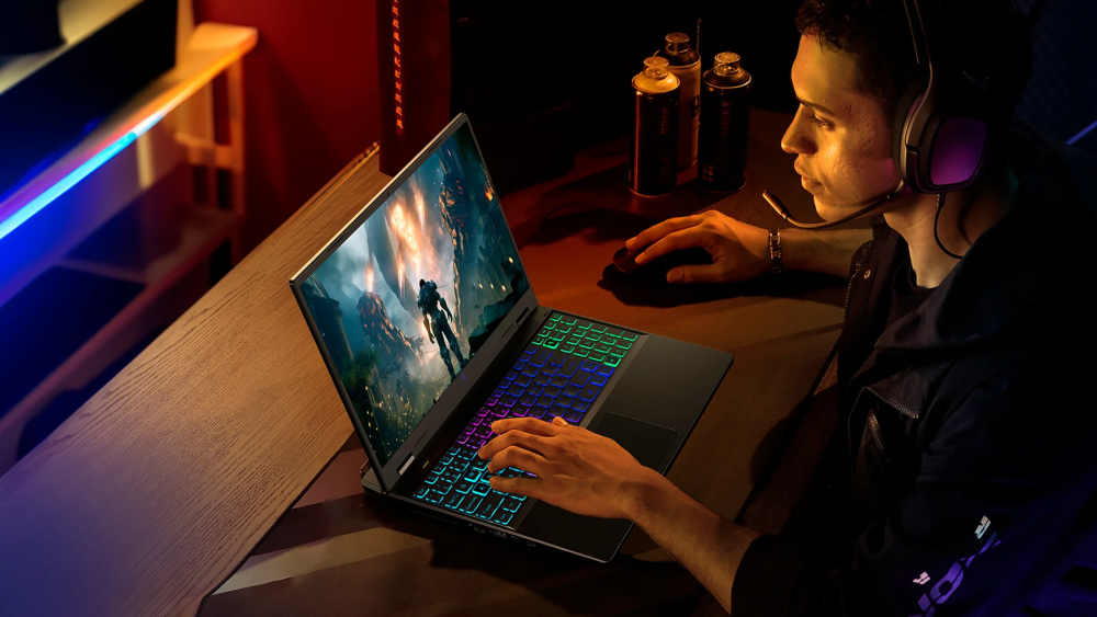 Player using RGB gaming laptop for competitive FPS