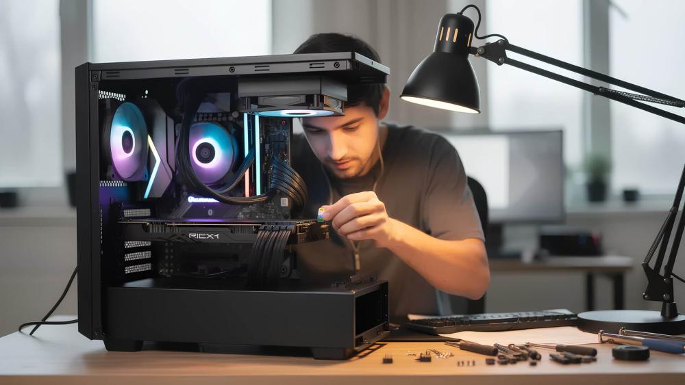 Person checking PC RGB connectors for damage during troubleshooting