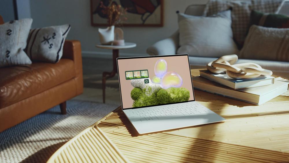 Slim Copilot+ AI laptop placed on a wooden coffee table in a modern living room displaying colourful AI graphics on screen.