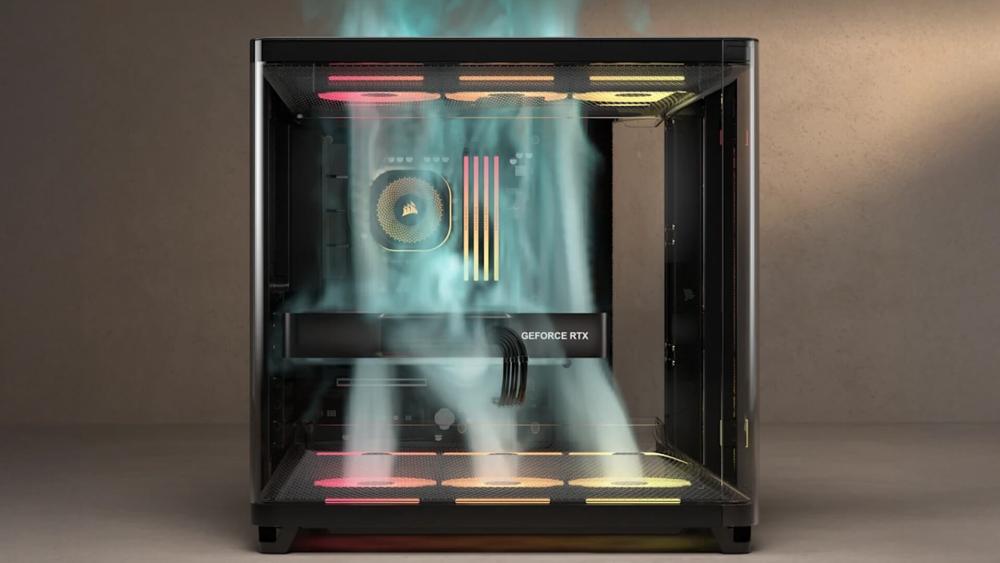 Corsair PC case airflow path showing GPU and system cooling