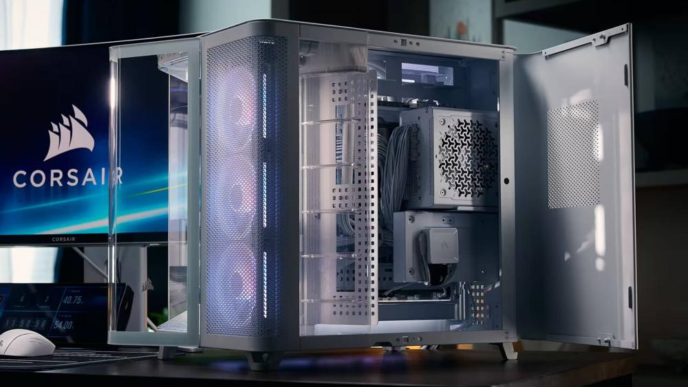 Corsair PC case with panels removed showing internal layout