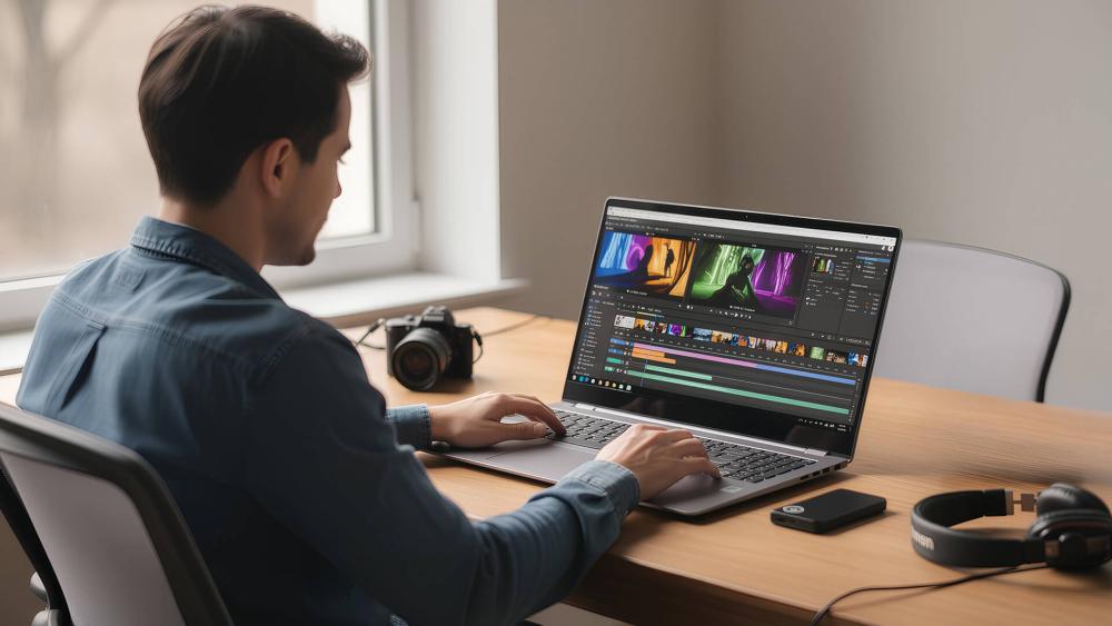 Content creator editing video footage on a laptop at a home office desk with camera and headphones